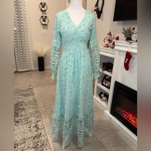 NWT Boston Proper Light Blue Long Sleeve Lace Dress 100% Cotton Size XS